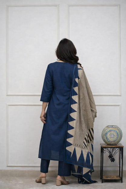 Embroidered Cotton Kurta Pant Set with Printed Dupatta & Pocket