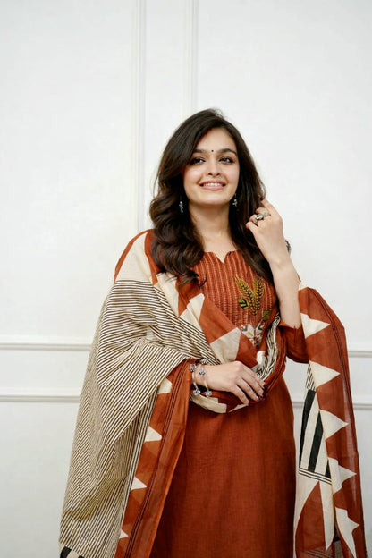 Embroidered Cotton Kurta Pant Set with Printed Dupatta & Pocket