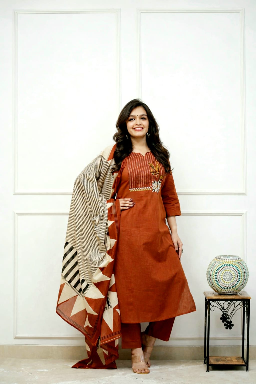 Embroidered Cotton Kurta Pant Set with Printed Dupatta & Pocket