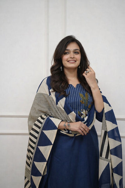 Embroidered Cotton Kurta Pant Set with Printed Dupatta & Pocket