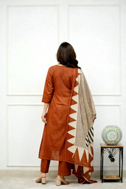 Embroidered Cotton Kurta Pant Set with Printed Dupatta & Pocket