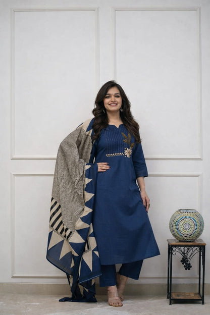 Embroidered Cotton Kurta Pant Set with Printed Dupatta & Pocket