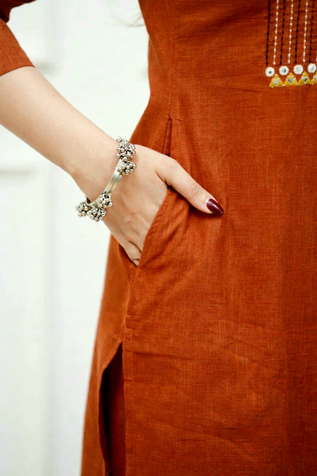 Embroidered Cotton Kurta Pant Set with Printed Dupatta & Pocket