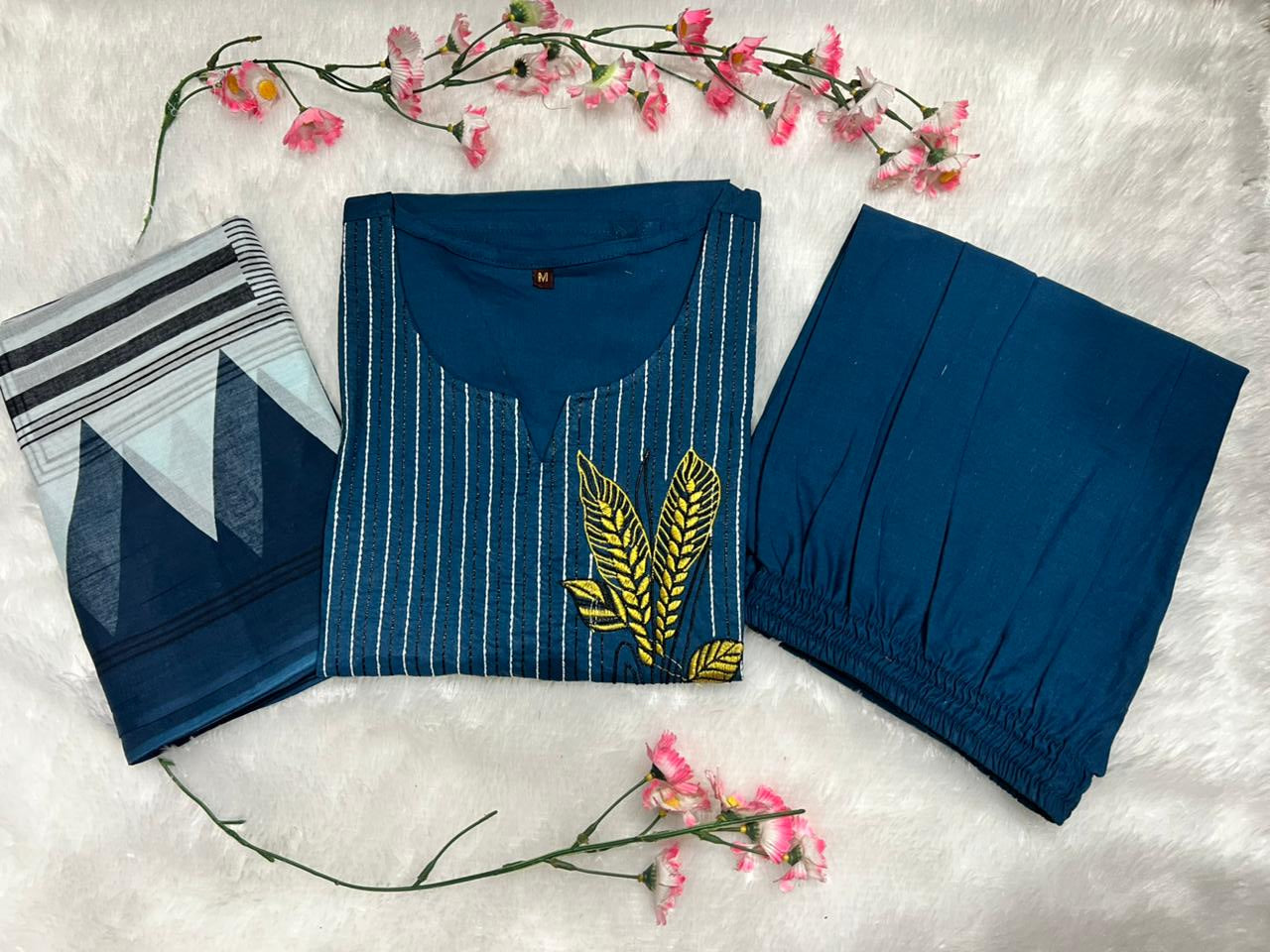 Embroidered Cotton Kurta Pant Set with Printed Dupatta & Pocket