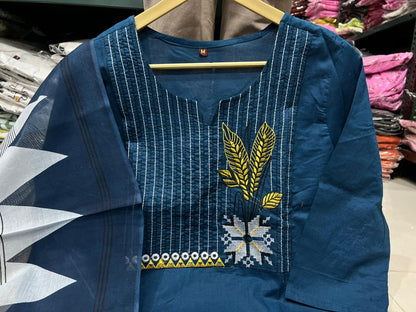 Embroidered Cotton Kurta Pant Set with Printed Dupatta & Pocket