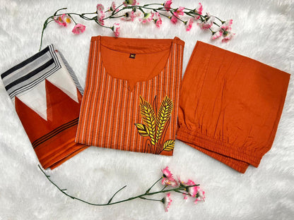 Embroidered Cotton Kurta Pant Set with Printed Dupatta & Pocket