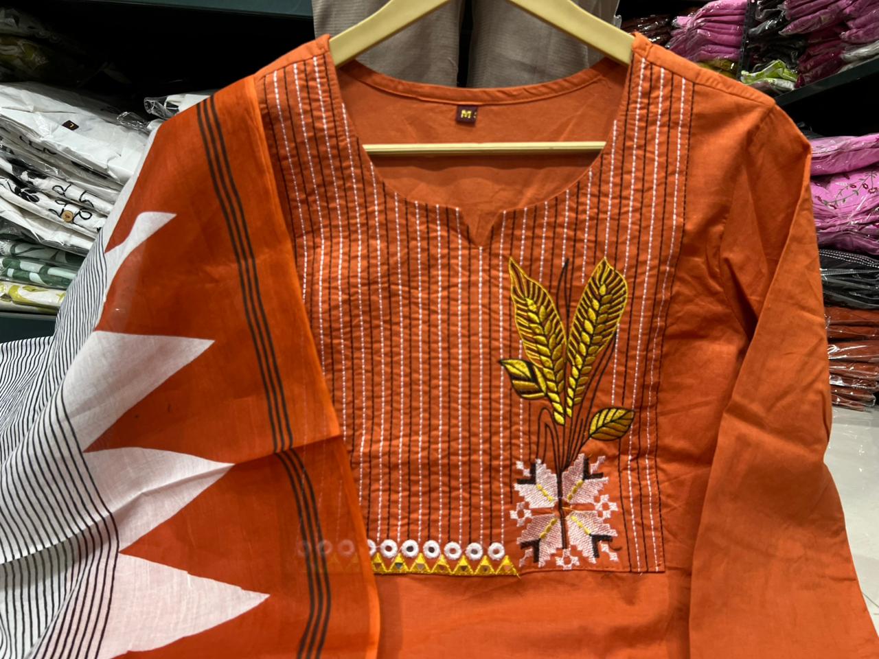 Embroidered Cotton Kurta Pant Set with Printed Dupatta & Pocket