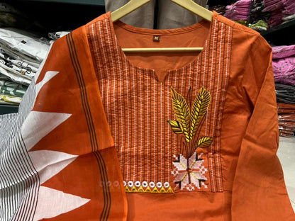 Embroidered Cotton Kurta Pant Set with Printed Dupatta & Pocket