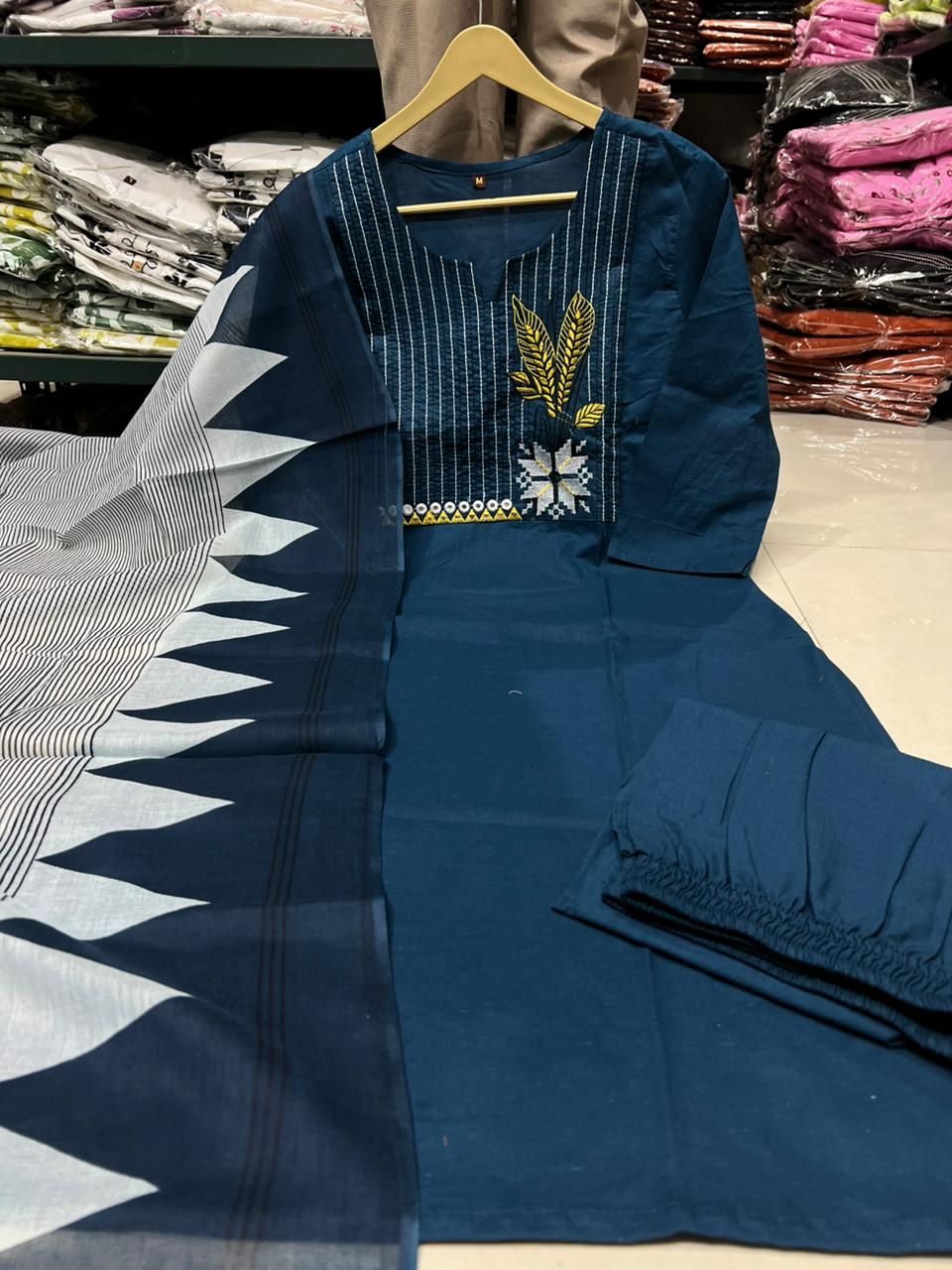 Embroidered Cotton Kurta Pant Set with Printed Dupatta & Pocket