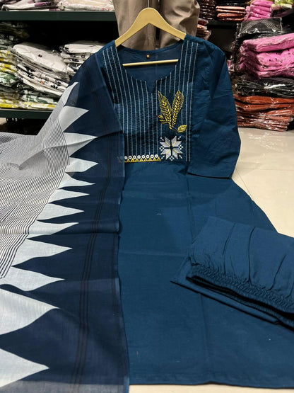 Embroidered Cotton Kurta Pant Set with Printed Dupatta & Pocket