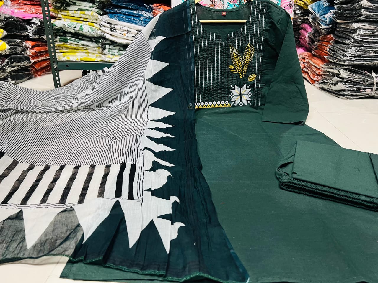Embroidered Cotton Kurta Pant Set with Printed Dupatta & Pocket