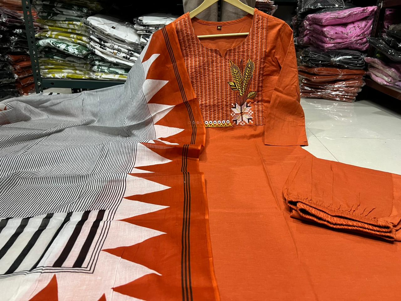 Embroidered Cotton Kurta Pant Set with Printed Dupatta & Pocket