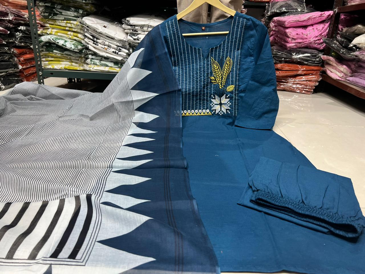 Embroidered Cotton Kurta Pant Set with Printed Dupatta & Pocket