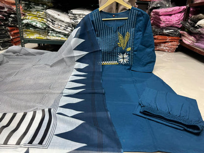 Embroidered Cotton Kurta Pant Set with Printed Dupatta & Pocket