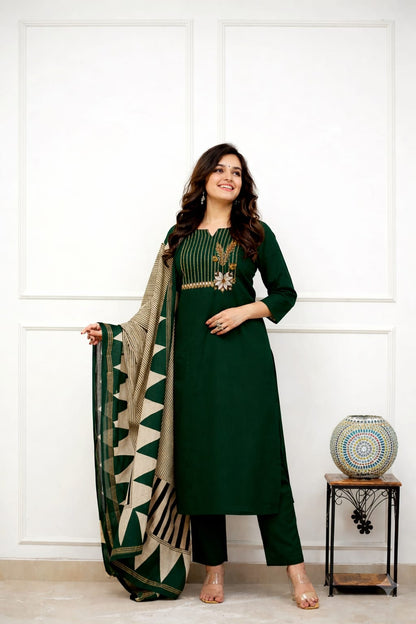Embroidered Cotton Kurta Pant Set with Printed Dupatta