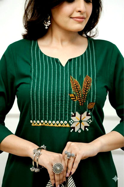 Embroidered Cotton Kurta Pant Set with Printed Dupatta