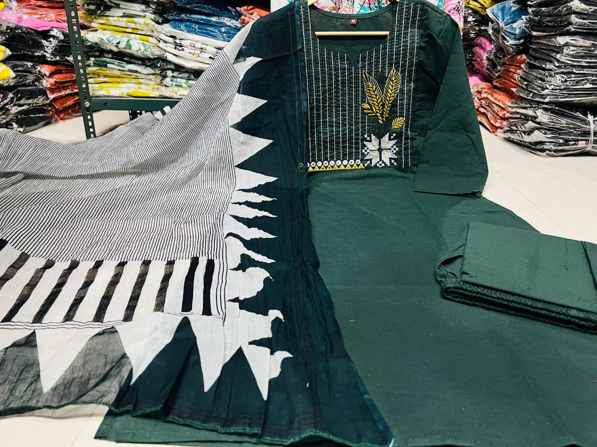 Embroidered Cotton Kurta Pant Set with Printed Dupatta