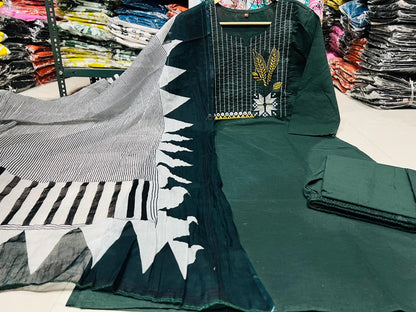 Embroidered Cotton Kurta Pant Set with Printed Dupatta