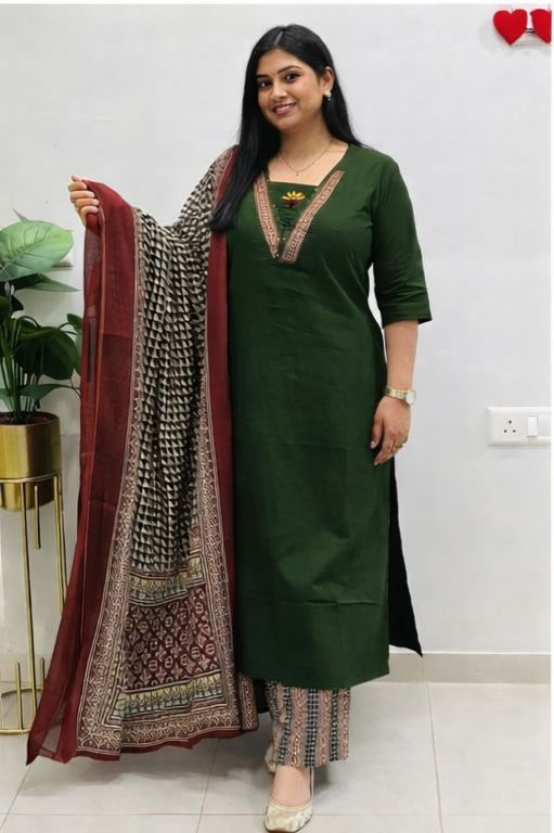 Embroidered Cotton Kurta Pant with Dupatta Set for Women