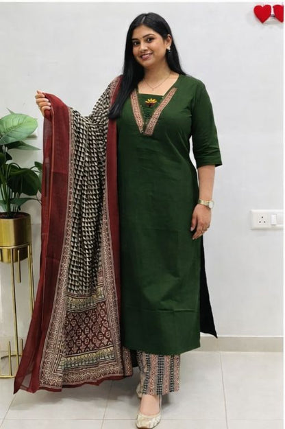 Embroidered Cotton Kurta Pant with Dupatta Set for Women