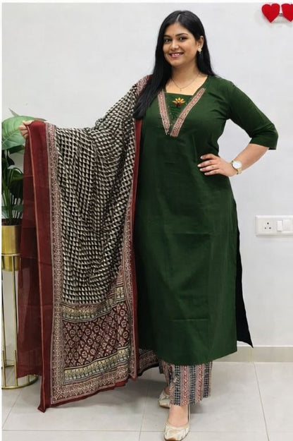 Embroidered Cotton Kurta Pant with Dupatta Set for Women