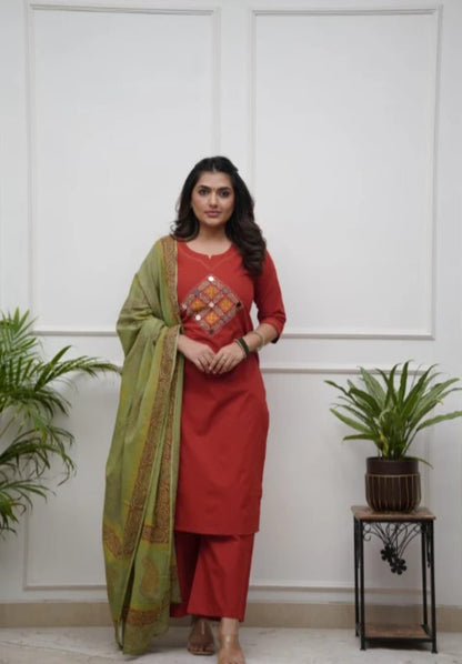 Embroidered Cotton Kurta Pant with Dupatta Set