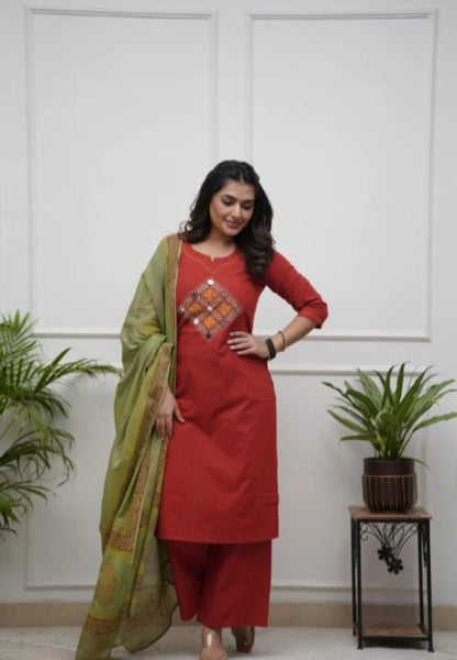 Embroidered Cotton Kurta Pant with Dupatta Set