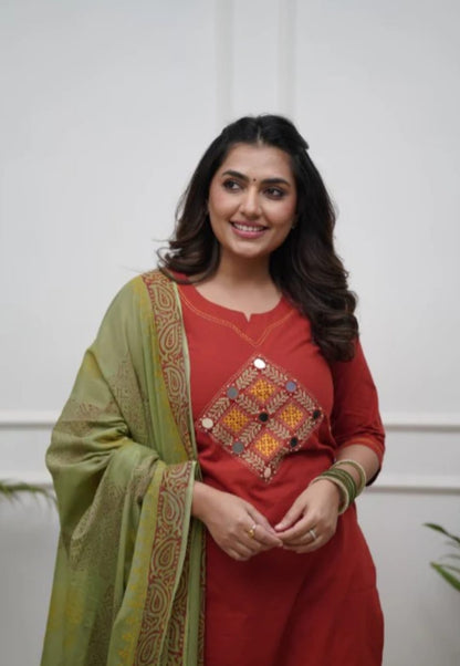 Embroidered Cotton Kurta Pant with Dupatta Set