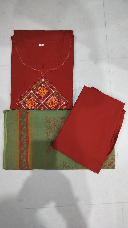 Embroidered Cotton Kurta Pant with Dupatta Set