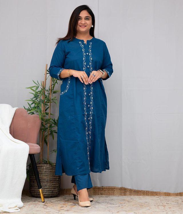 Embroidered Cotton Kurta Set with Pant & Side Pockets
