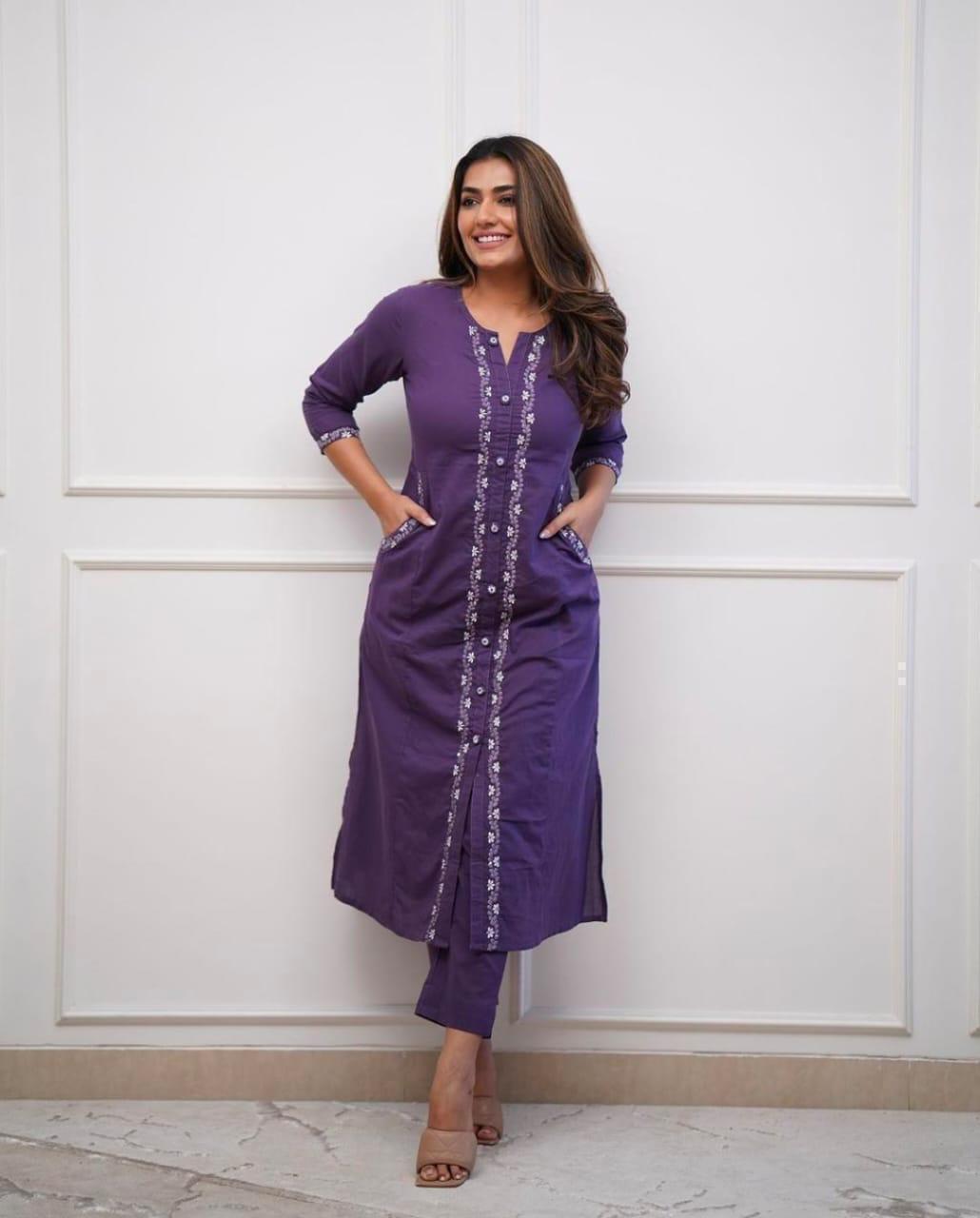 Embroidered Cotton Kurta Set with Pant & Side Pockets