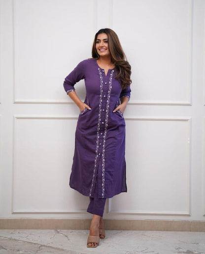 Embroidered Cotton Kurta Set with Pant & Side Pockets