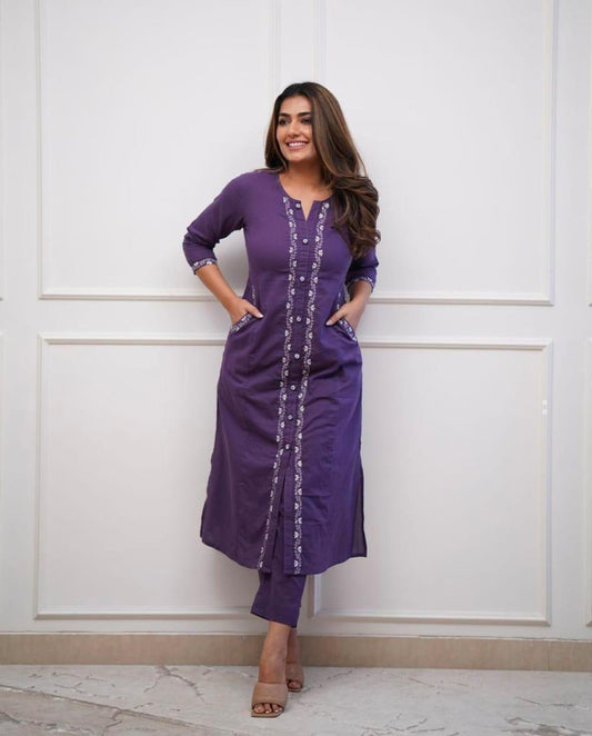 Embroidered Cotton Kurta Set with Pant & Side Pockets