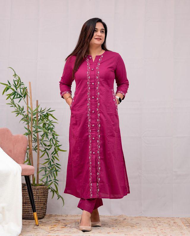 Embroidered Cotton Kurta Set with Pant & Side Pockets
