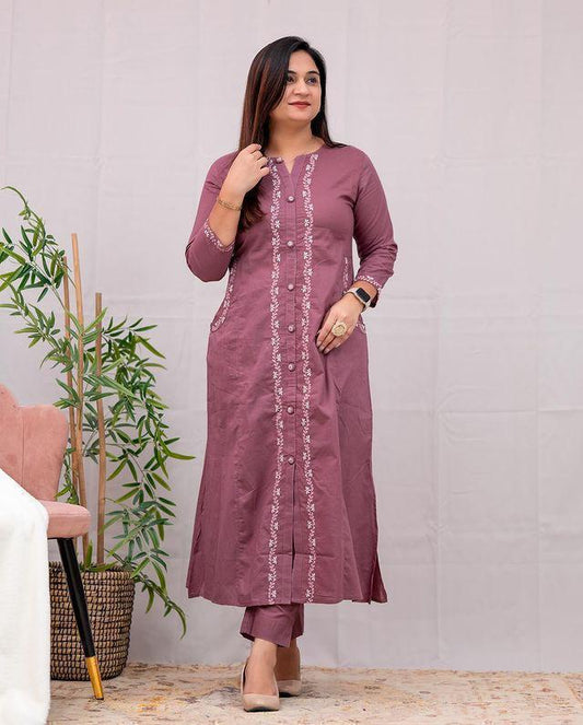 Embroidered Cotton Kurta Set with Pant & Side Pockets