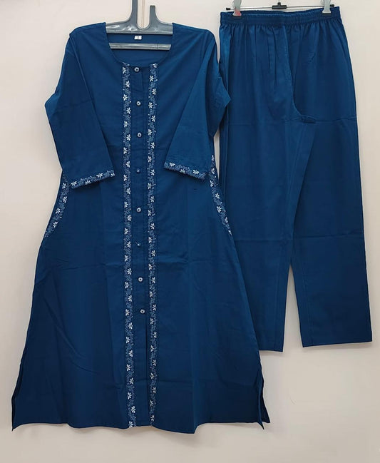 Embroidered Cotton Kurta Set with Pant & Side Pockets