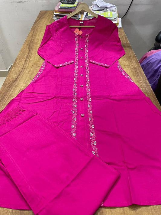 Embroidered Cotton Kurta Set with Pant & Side Pockets