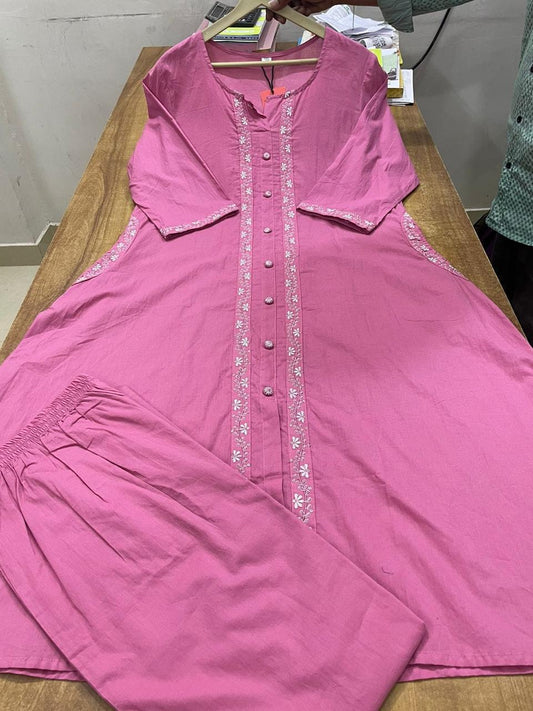 Embroidered Cotton Kurta Set with Pant & Side Pockets