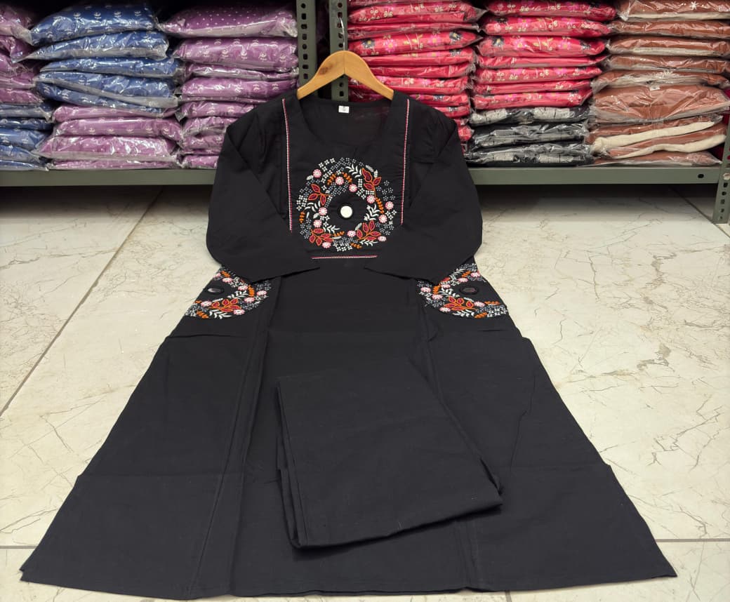 Embroidered Cotton Kurti Palazzo Set with Dual Pocket Design