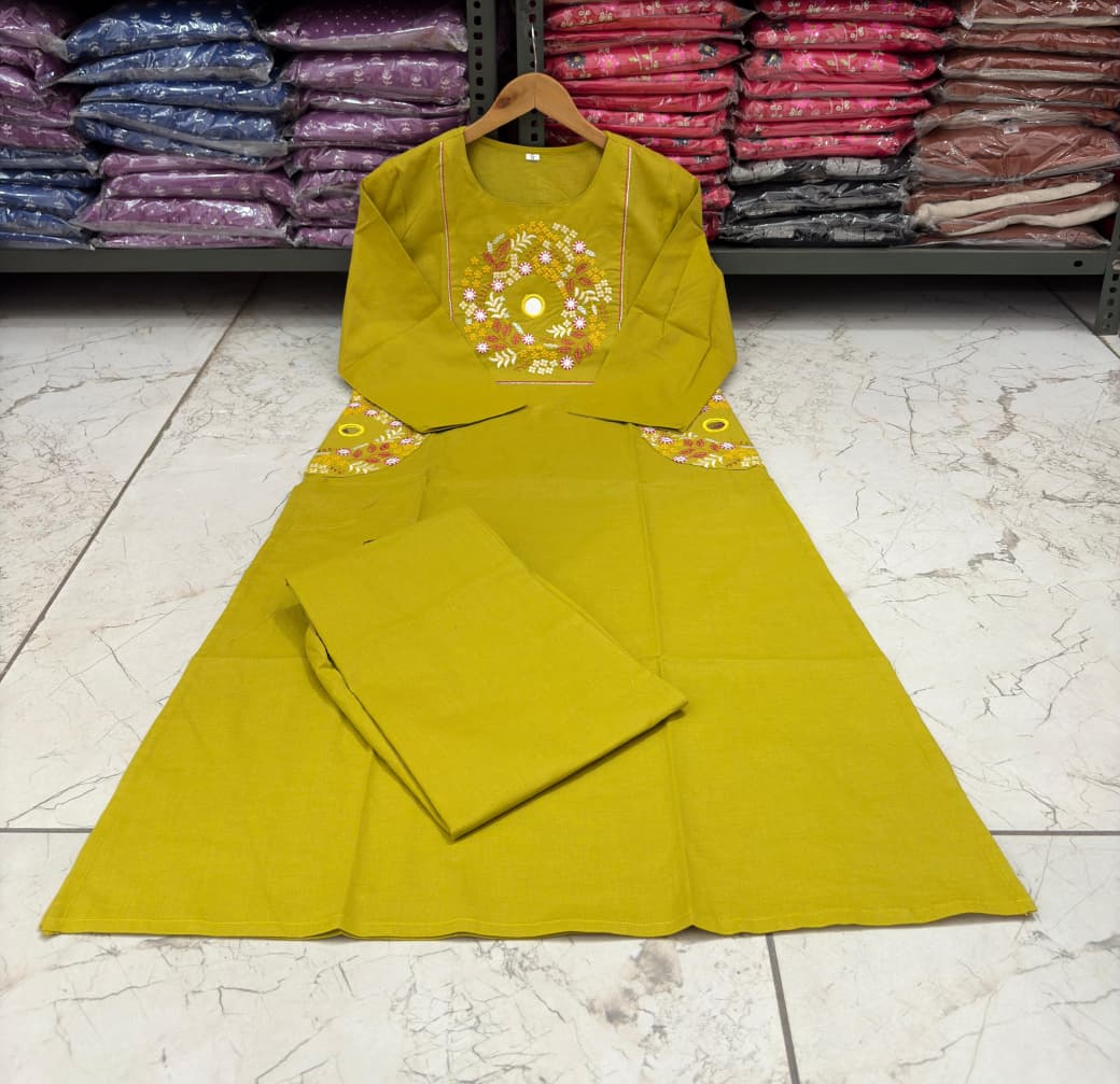 Embroidered Cotton Kurti Palazzo Set with Dual Pocket Design