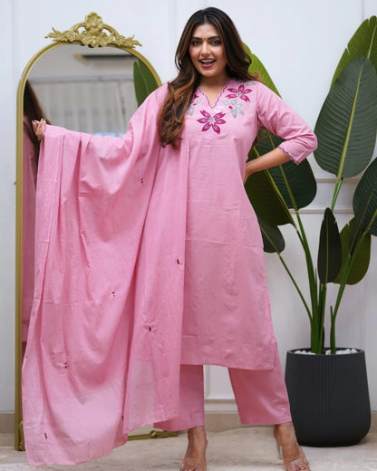 Embroidered Cotton Kurti Pant Set with Cotton Dupatta | 3-Piece