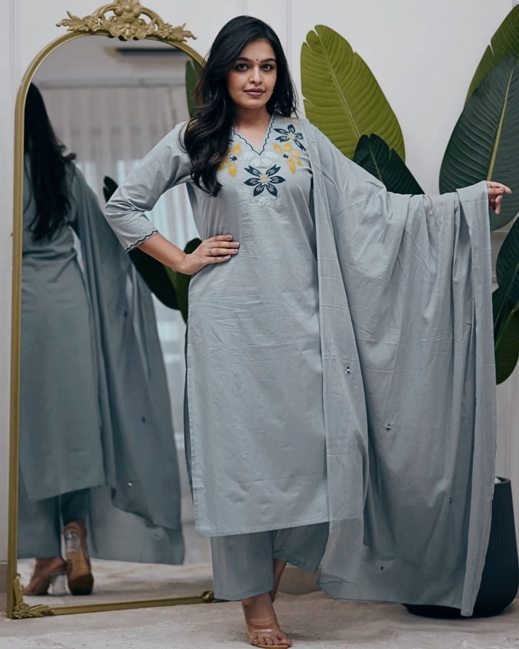 Embroidered Cotton Kurti Pant Set with Cotton Dupatta | 3-Piece