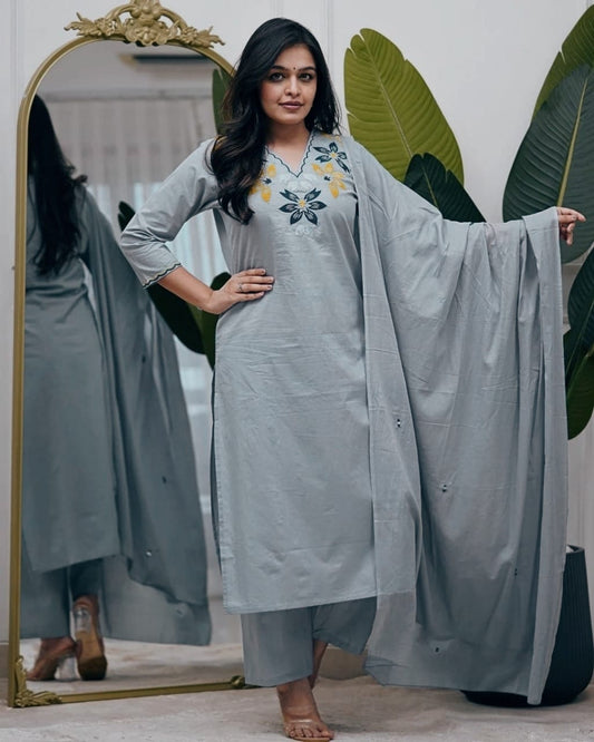 Embroidered Cotton Kurti Pant Set with Cotton Dupatta | 3-Piece