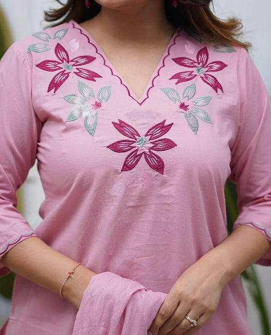 Embroidered Cotton Kurti Pant Set with Cotton Dupatta | 3-Piece