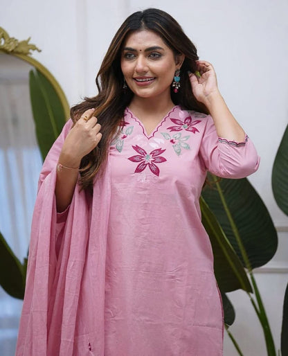 Embroidered Cotton Kurti Pant Set with Cotton Dupatta | 3-Piece