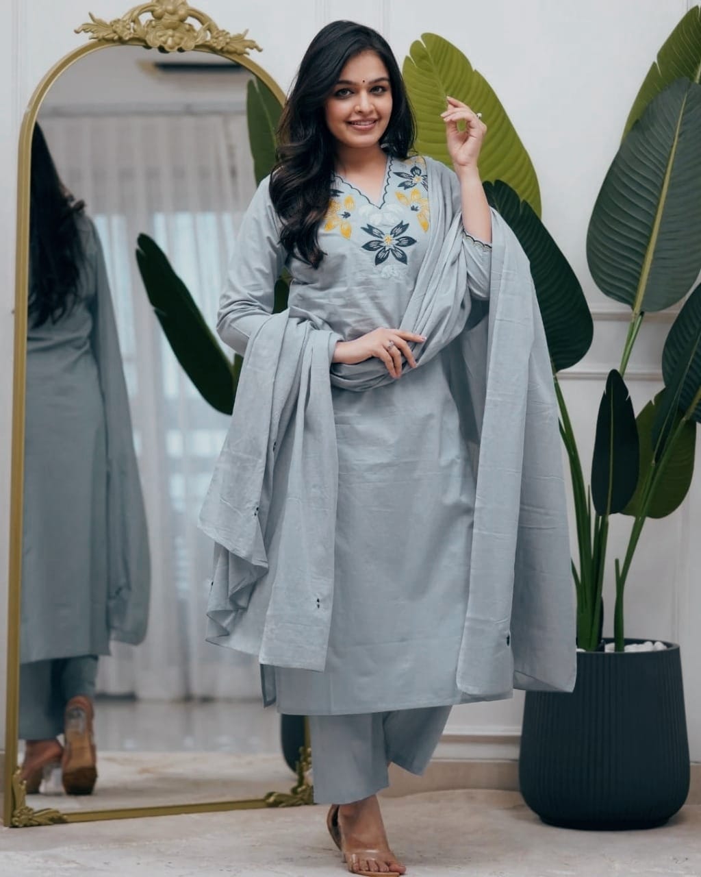 Embroidered Cotton Kurti Pant Set with Cotton Dupatta | 3-Piece