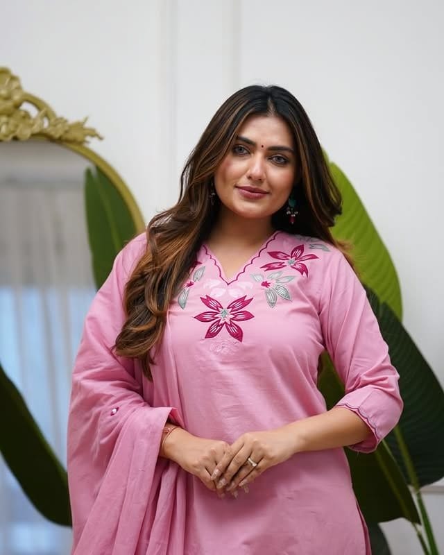 Embroidered Cotton Kurti Pant Set with Cotton Dupatta | 3-Piece