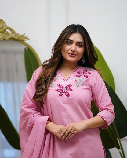 Embroidered Cotton Kurti Pant Set with Cotton Dupatta | 3-Piece