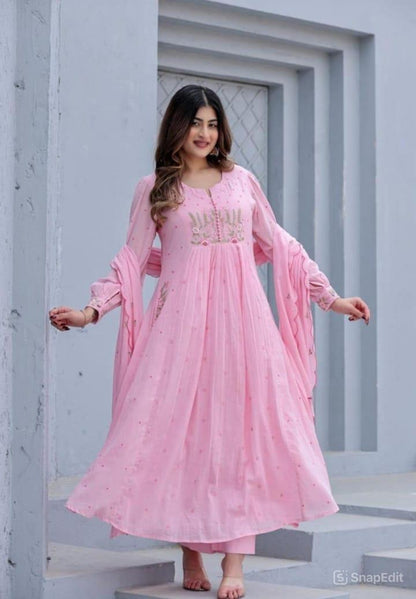 Embroidered Cotton Kurti Pant Set with Malmal Dupatta