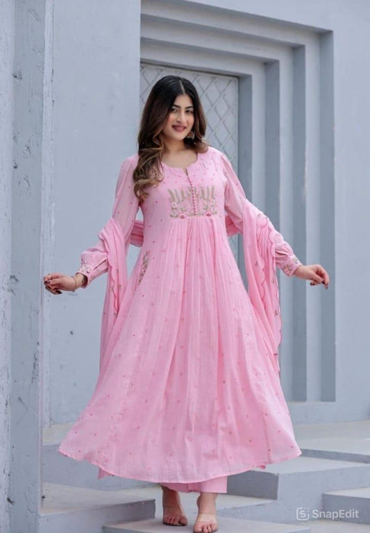 Embroidered Cotton Kurti Pant Set with Malmal Dupatta